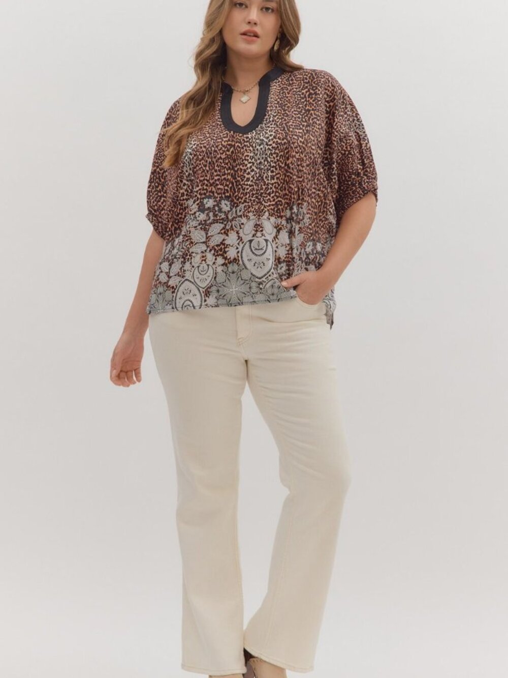 Animal Print V neck band collar with dolman sleeve